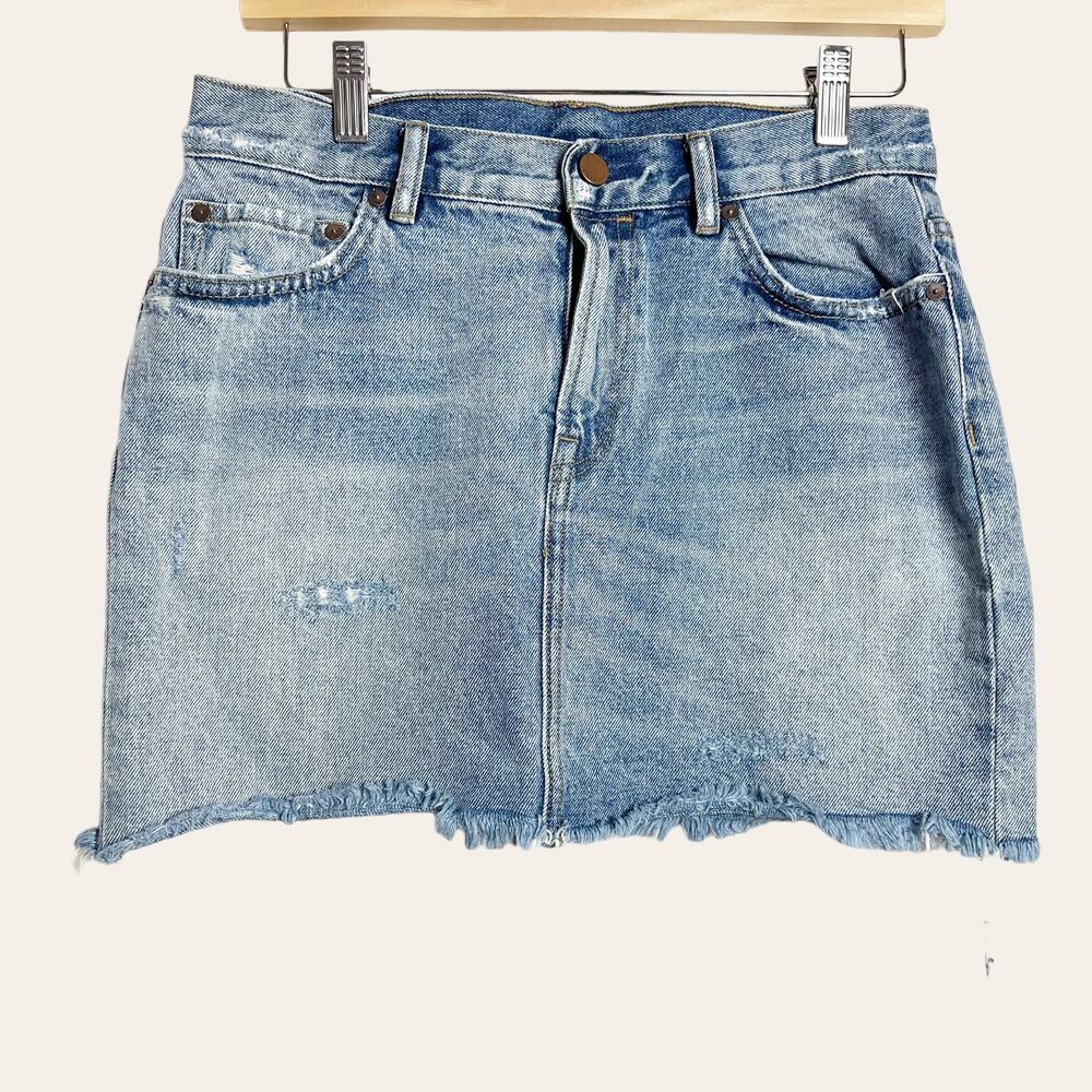 All Saints Distressed Raw Hem Blue Denim Jean Mini Skirt Size 6